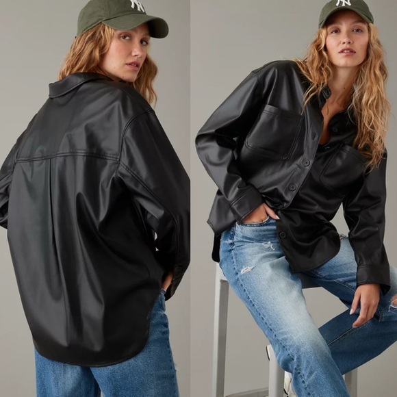 NWT American Eagle Oversized Vegan Leather Shacket in Black - L - Picture 1 of 12